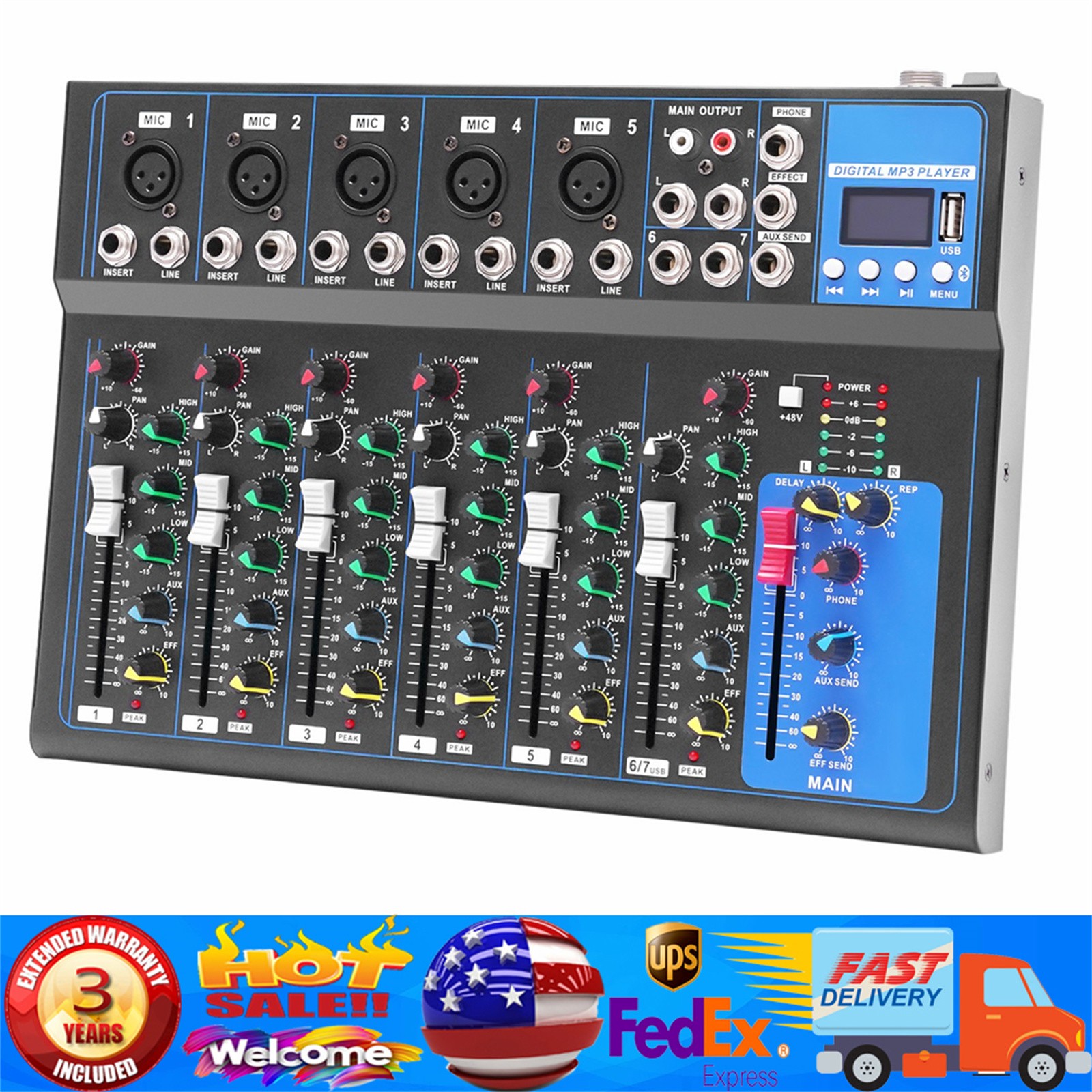 Mixer 7 Channels Studio Audio Mixer DJ Live Sound Mixing Console Bluetooth Mixer