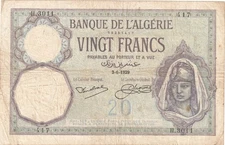 1929 Algeria 20 Francs Banknote - P# 78b - Fine - # 35670