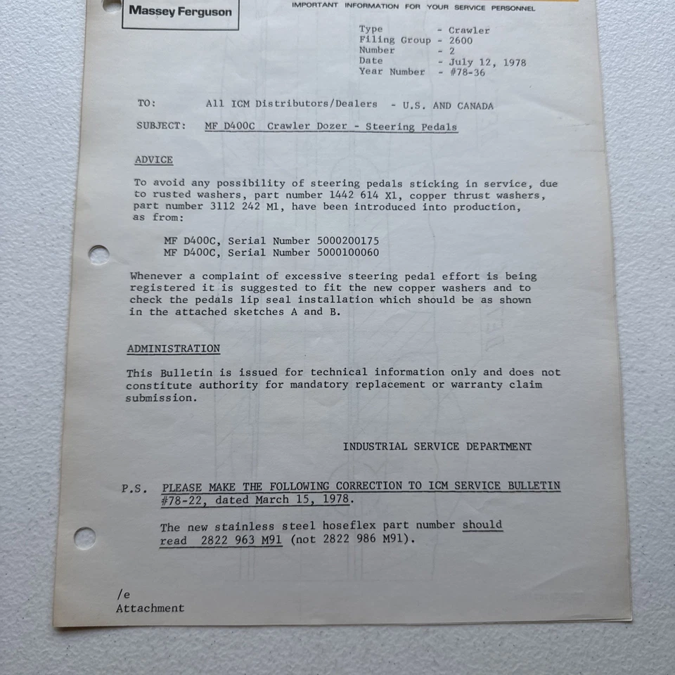 1978 Massey Ferguson MF D400C Crawler Dozer Steering Pedal ICM Service Bulletin - Image 3 of 4