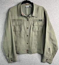 Chico's Olive Green Silk Linen Utility Jacket Size 3 Lightweight Sequin Detail