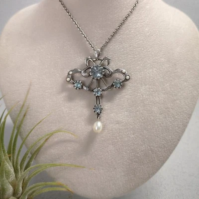 Jugendstil Aqua Kette Aquamarin Schmuck Collier Perle Tracht antik Silber 925/- - Bild 1 von 4