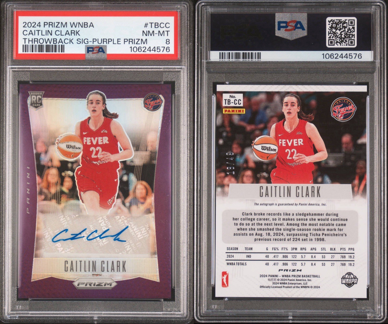Caitlin Clark 2024 Panini Prizm WNBA Throwback Auto Purple /49 Rookie RC PSA 8 view 3