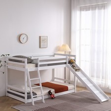 Kids Children Twin Over Twin Bunk Bed Wood Frame with Ladder Guardrail Christmas