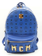 Mcm Stark Visetos Studded Blue Leather Backpa...