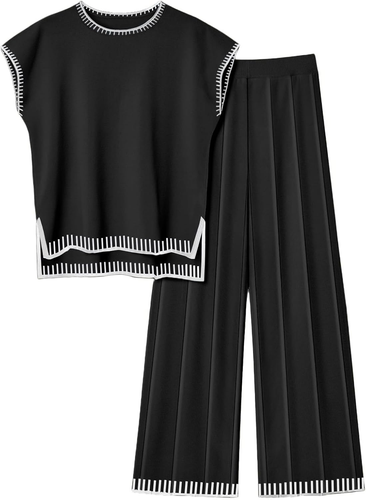 Womens Matching Sets Knit Sweater Sets 2 Pieces Outfits Pullover Tops Wide Legs