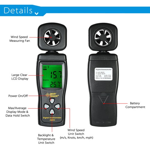 Anemometer LCD Digital Wind Meter Velocity T7R4 - Picture 9 of 12