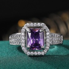 3.50 Ct Purple Radiant Cut Diamond Halo Engagement Ring 14k White Gold Finish
