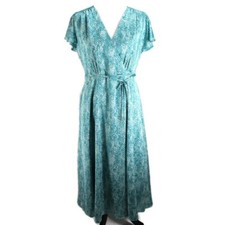 Tahari Faux Wrap Dress Womens Sz 6 Teal White Flutter Sleeve Midi Length V Neck