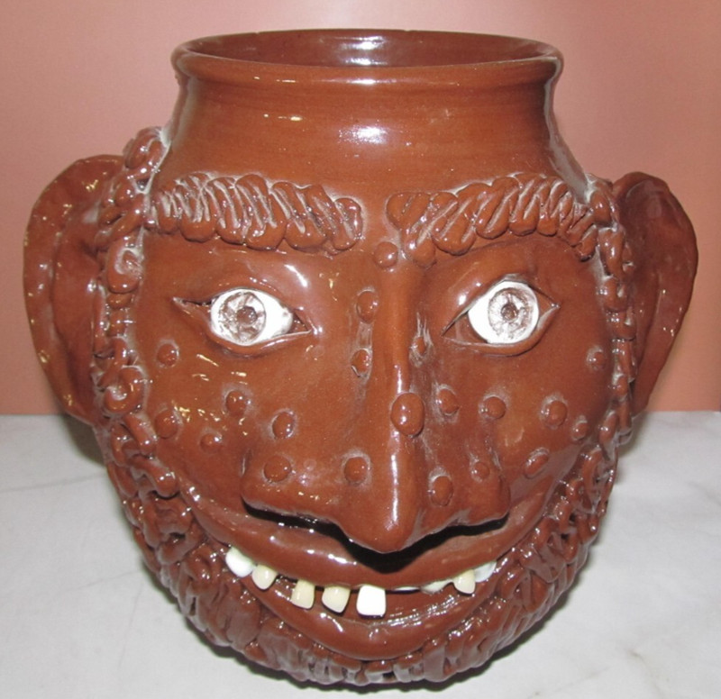 UNUSUAL Student of Tom Phelps Studio Jug Ugly Face Handmade Pottery 2014 Brown
