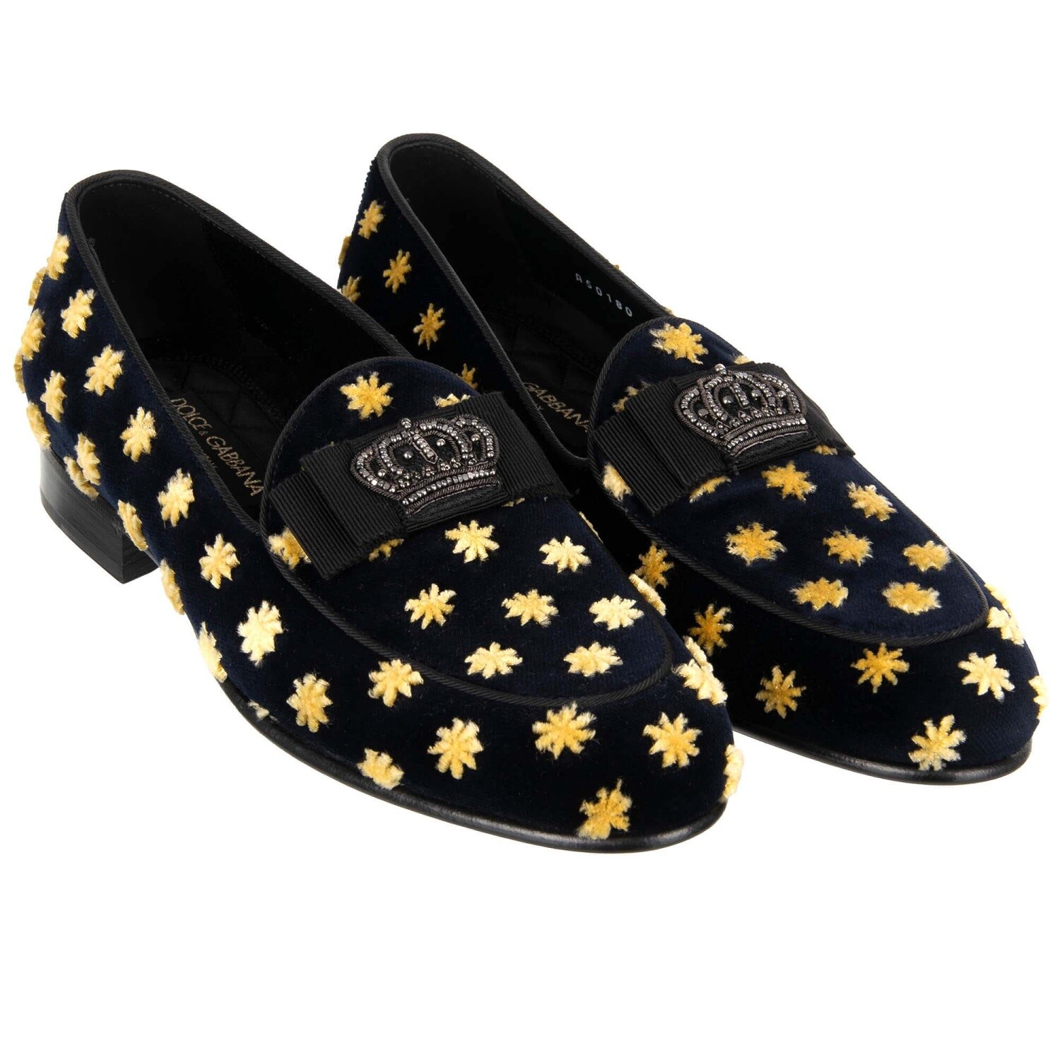 DOLCE & GABBANA Scarpe Loafer In Velluto LUKAS Stella Corona Ricamo Nero 12086