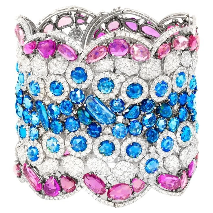 252.82 TCW Multi Cut Topaz , Sapphire & Tourmaline Wide Party Bracelet For Woman - Image 3 of 4