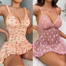 Women's Sexy Lingerie Sheer Mesh Lace Babydoll Nightwear Sleepwear G-string Set