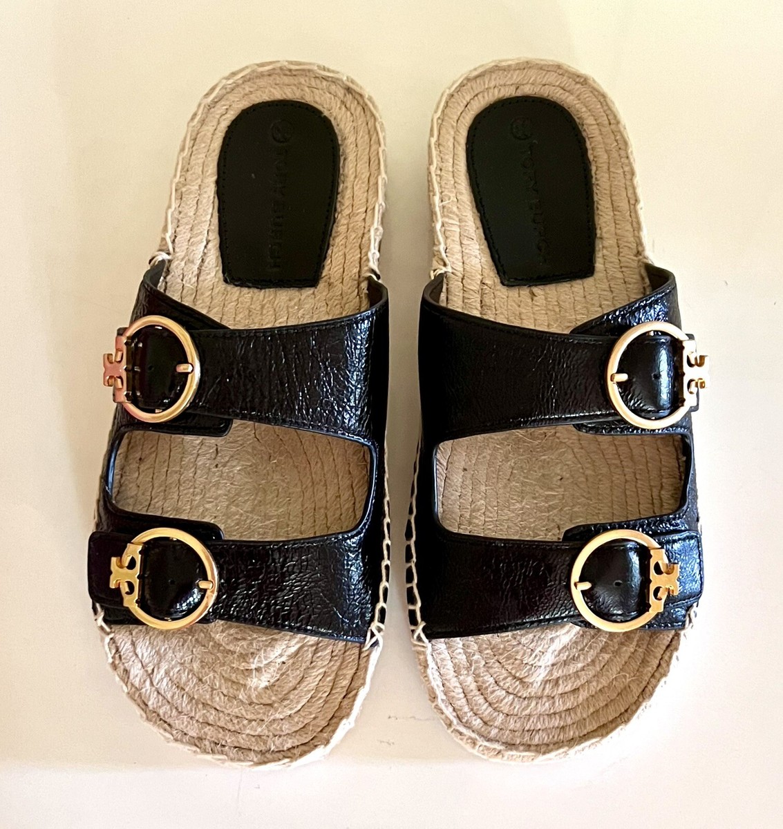 NIB Tory Burch size black Selby two-band espadrille slides waxy nappa  leather