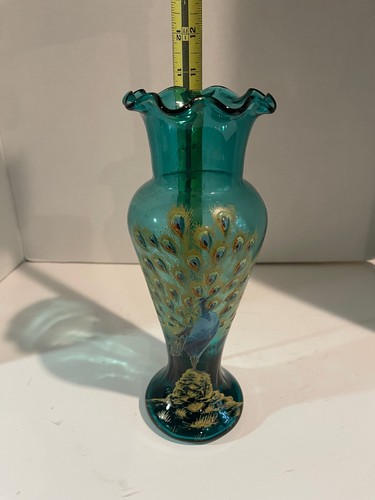 AMAZING Antique Moser Hand Painted Emerald Glass Vase w Hand Painted Peacock - Picture 6 of 8