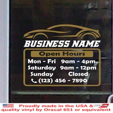 Custom Store Auto Shop OPEN HOURS Vinyl Window Decal Sign Door Automotive BS030