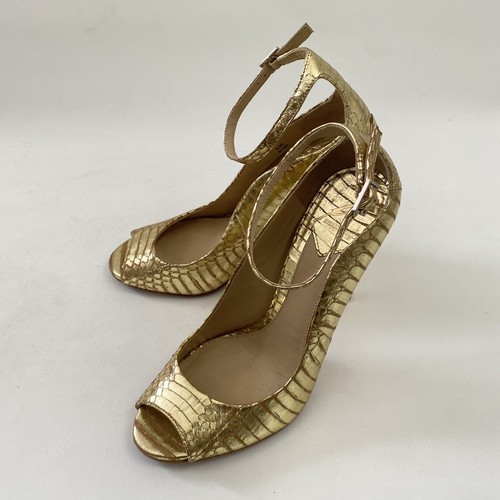 Brian Atwood Pumps Size 6 Gold Snake Print Pee Toe Ankle Strap Stiletto - Picture 15 of 20