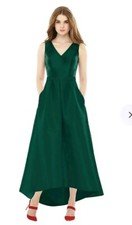 Alfred Sung D723S Hunter Green Satin V-Neck High/Low Gown Size 16 Orig $231