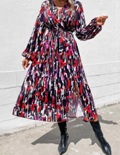 Women New Lovely Allover Print Lantern Sleeve Long Split Thigh Dress M