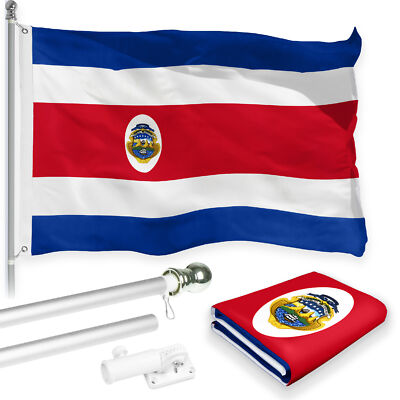NEW G128 Costa Rica Flag & Flagpole Set, 6FT Silver Pole and 3x5FT 150D Flag