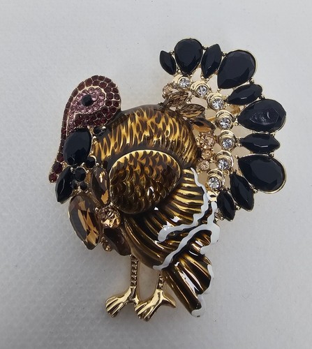 Napier Fall Harvest Thanksgiving Turkey Enamel Crystal Pin Brooch Jewelry - Picture 2 of 8