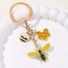 Charming Bee  Honeycomb Keychain Round Pendant