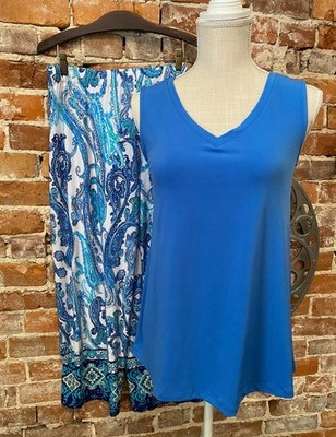 Susan Graver Regular Blue Liquid Knit Tank Paisley Crop Pants Set XXS New