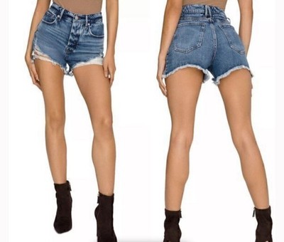 Good American Bombshell High Rise Denim Shorts Fray Hem 8/29 Distressed