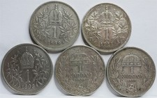 AUSTRIA HUNGARY lot 5x 1 Corona Korona 1893 1895 1899 1914 VF XF Silver Set #F82