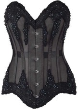 Daisy Corset Top Drawer Sheer Black Mesh Beaded Steel Boned Overbust Bustier NWT