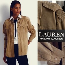 NWT 495 Lauren Ralph Lauren Suede Button Front Shirt Jacket LARGE in Camel