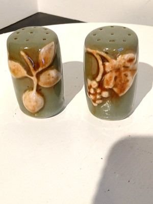 Ceramic Lemon Branch & Grape Vine Salt & Pepper Shakers, Sage Green Glaze, #366
