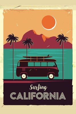 Surfing California Coastline Vintage Van Palm Trees Art Print Poster 24x36