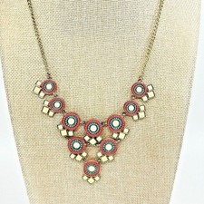 Vintage 80s Boho Geometric Statement Necklace Red Turquoise Color Gold Tone Bib