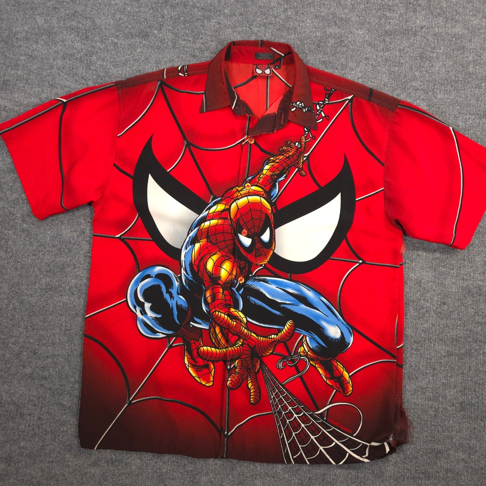 Vintage Marvel Spiderman Shirt Mens L Red All Over Print AOP Short Sleeve Y2K