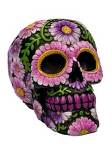 Black Pink Sugar Skull Coin Bank Floral Day of the Dead Decor Hand Painted Resin