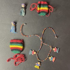 Vintage Worry Doll Peru Guatemala Tiny Dolls With Pouches And Necklace Handmade
