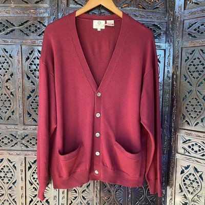Viyella Merino Wool Cardigan Mens L Maroon Brick Red Classic Grandpa Sweater