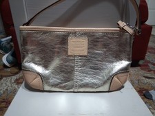 Coach Metallic Silver  Beige Shoulder Bag Zip Top Brown Strap Lined