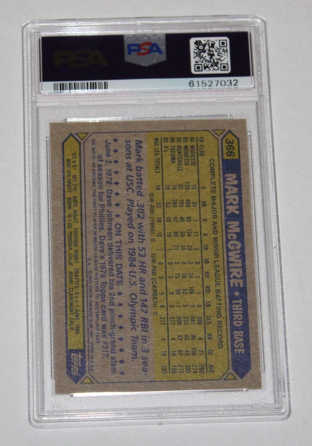 1987 Topps Baseball Card #366 MARK MCGWIRE Oakland A's ROOKIE RC PSA 9 MINT view 2