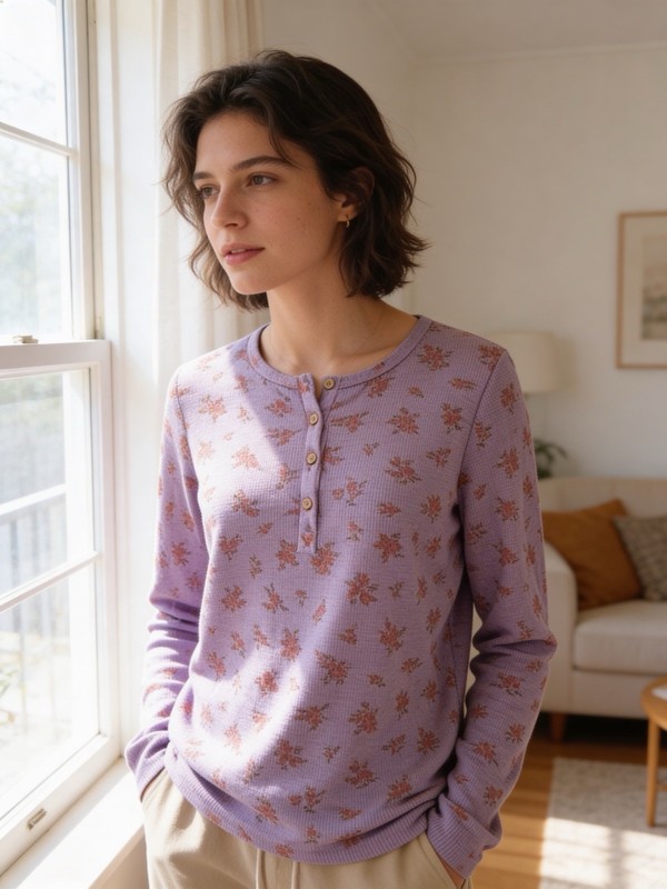 NWOT Purple Floral Waffle Texture Henley Top 4 Button Long Sleeve Thumb Holes S