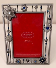 St Nicholas Square 6x8 Metal Picture Frame Holds 4x6 Pic Snowflakes Blue Stones