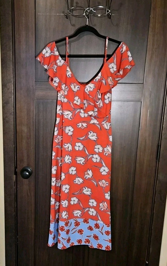EUC Women's Red & Blue Floral Off- Shoulder Long Peasant Dress Size 10 Large
