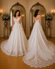 Lady Eleanor White Lace Beaded Sleeveless Sweetheart A-Line 6 Button Train