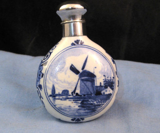 SILVER DELFT PORCELAIN BLUE & WHITE ANTIQUE PERFUME SCENT BOTTLE FLACON SIGNED