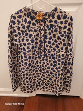 Tory Burch Cream Blue Leopard Silk Long Sleeve Robin Tunic Top, Women's Size 6