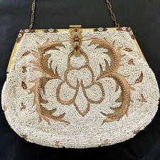 Vintage 1940s 1950s Beaded Evening Purse Gold Frame Chain Handle Bridal Bag