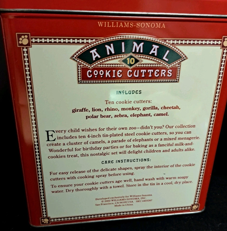 Vintage 2002 Williams Sonoma 10 Zoo Animal Cookie Cutters w/ Collectible Tin - Image 4 of 4