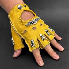 1 Pair Half Finger Genuine Leather Gloves Studded Skull Mens Punk Rock Gloves