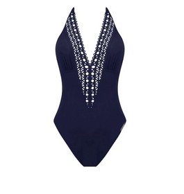Lise Charmel Ajourage Couture One Piece Swimsuit L Navy Blue Plunge Halter Luxe
