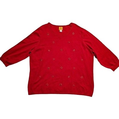 Red Embellished Sweater Womens Sz 3X Ruby Rd 3/4 Sleeve Knit Preppy Holiday